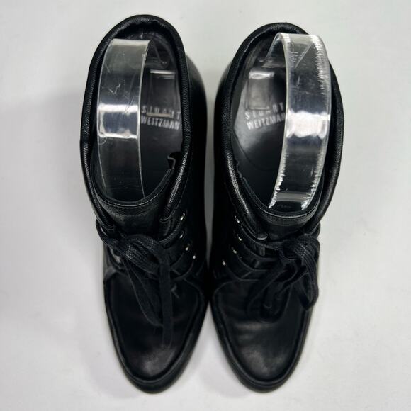 Stuart Weitzman Wedge Leather Ankle Bootie Black Lace Up Soft Comfort Luxury 5.5 - Picture 8 of 12
